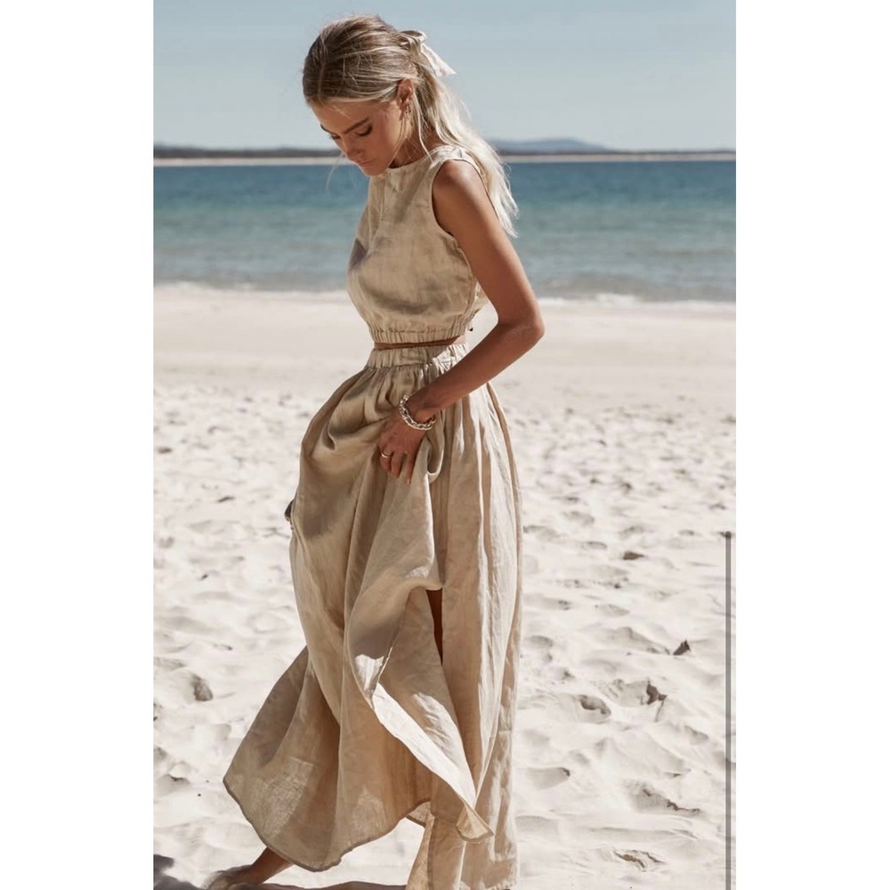 DISSH | Dylan Stone Linen Midi Skirt Women 6 Beige Slit Coastal Summer Boho